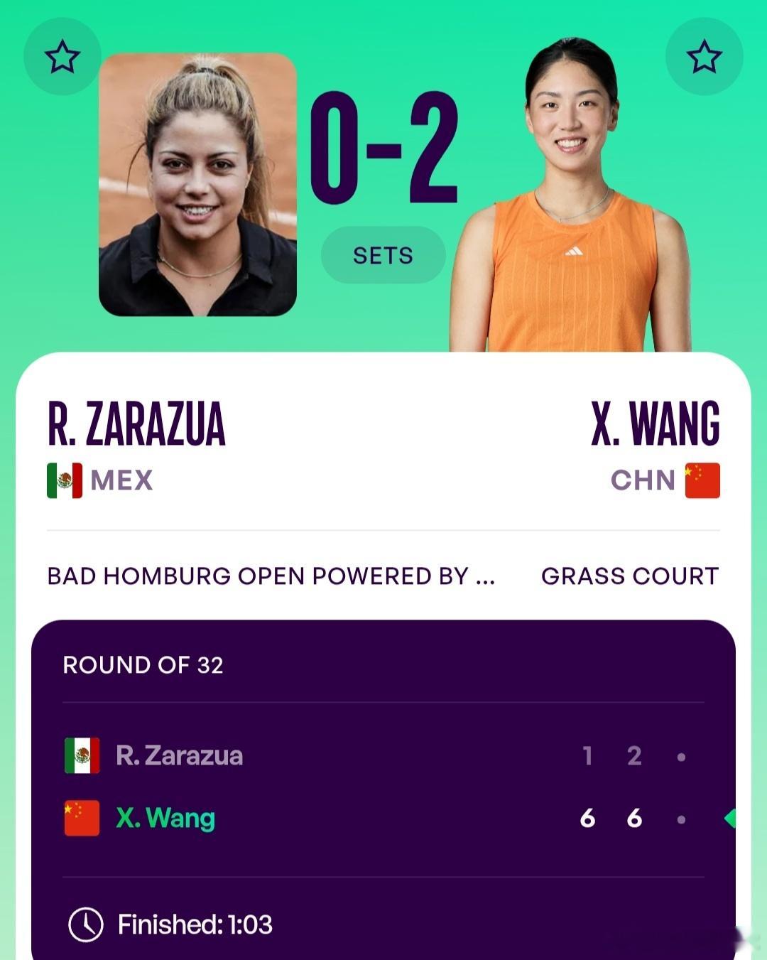 WTA500巴特洪堡站🇩🇪女单第1轮王欣瑜🇨🇳6-1/6-2战胜幸运落败