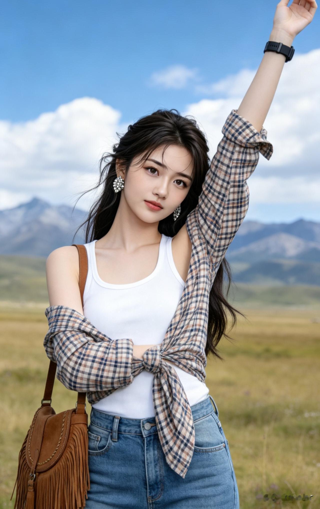 一个女孩在山前摆姿势拍照。