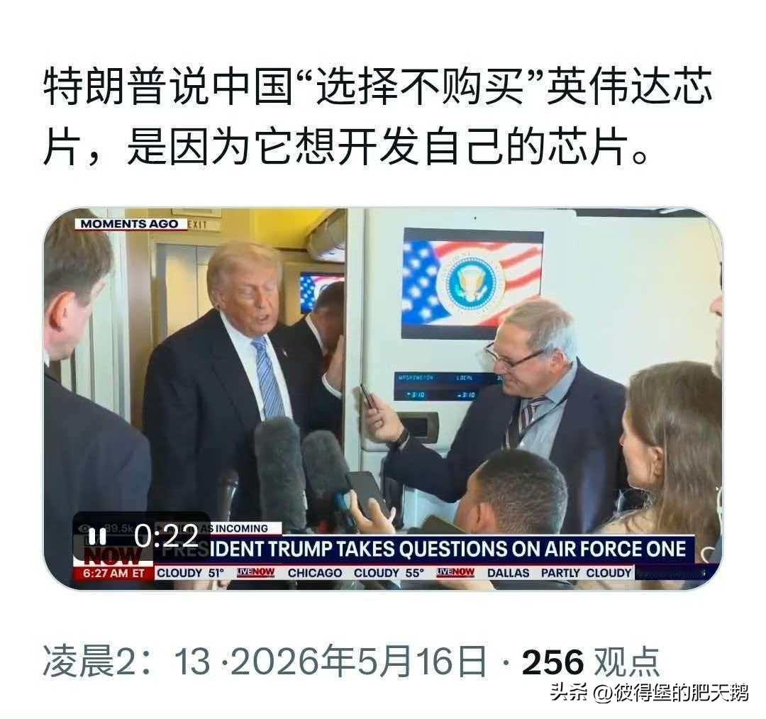 特朗普说中国"选择不购买"英伟达芯片，是因为它想开发自己的芯片。

路透社：中国