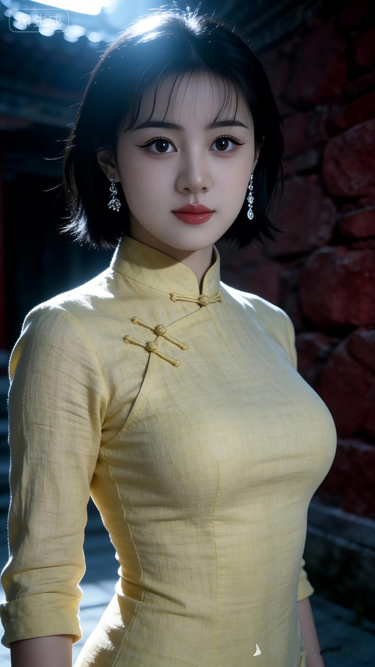 鹅蛋脸女子黑色短发，杏黄盘扣斜襟紧身麻布衫，腰细臀圆曲线娇俏。深宅暗红石墙，中景