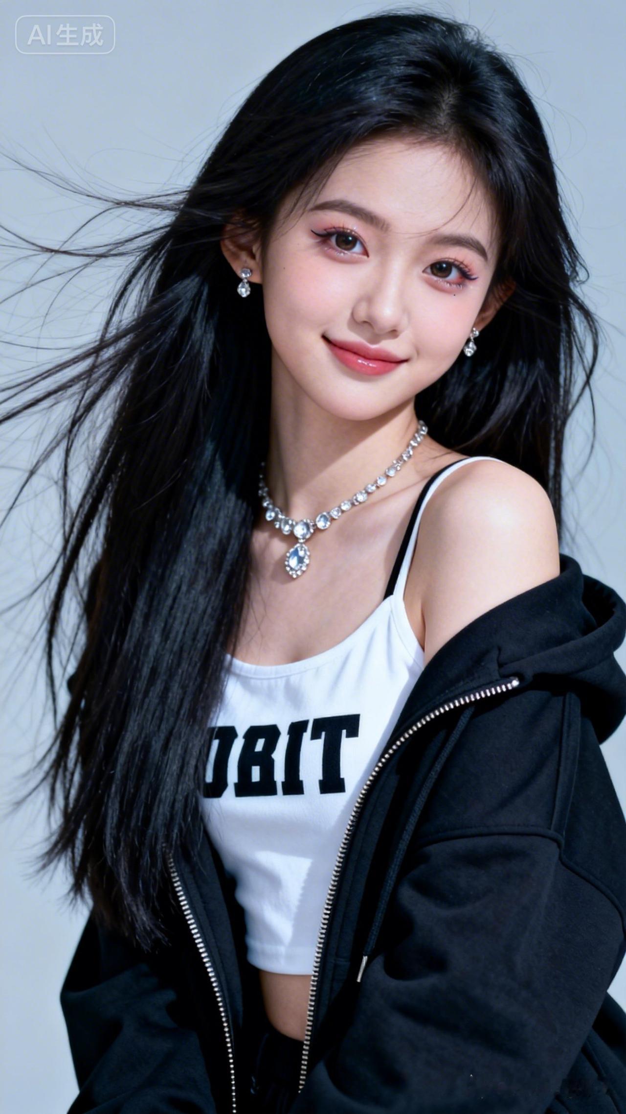 美女黑长直发丝蓬松拂面，着宝石黑连帽外套搭白底黑字吊带。侧光下冷白皮细腻透亮，幼