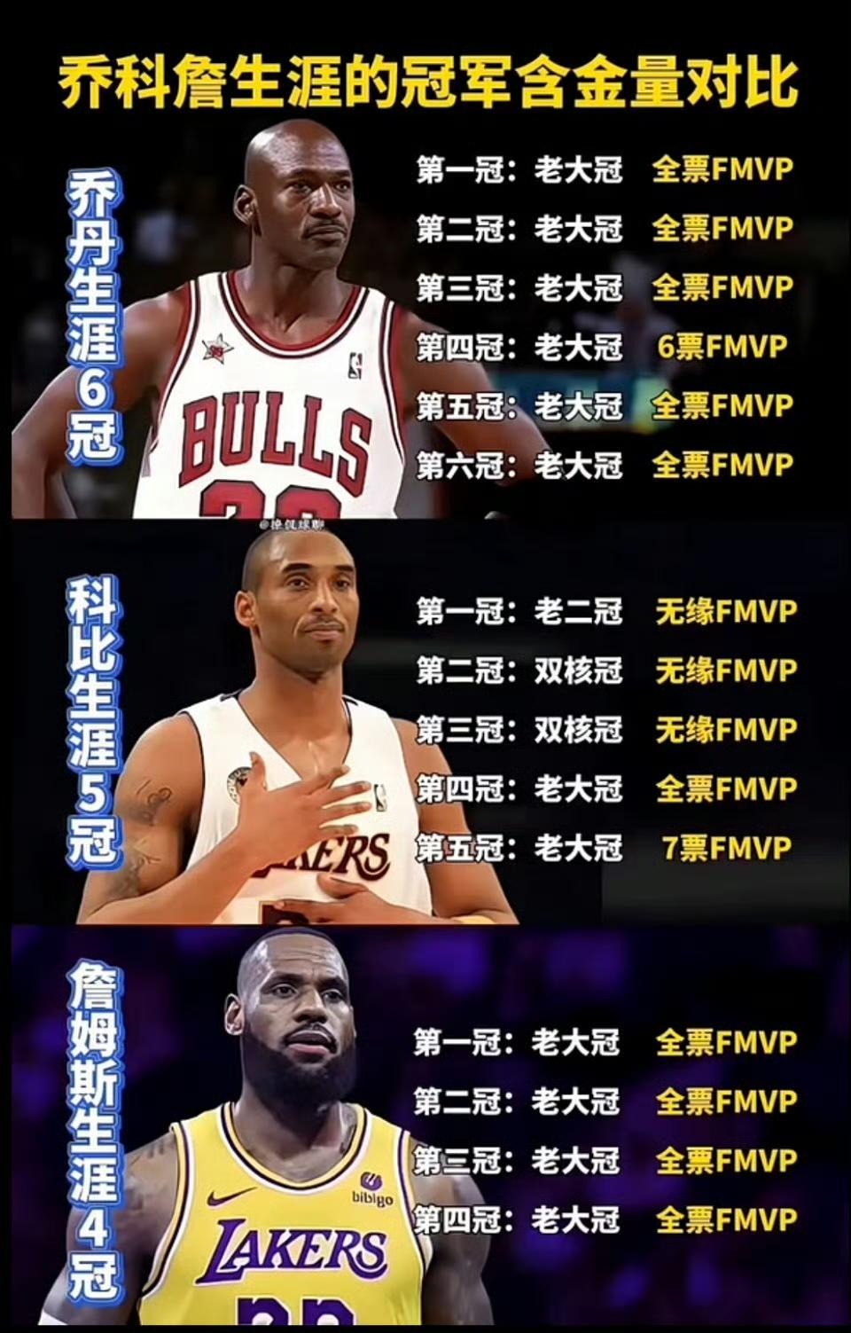 乔丹生涯6冠
第一冠：老大冠，全票FMVP
第二冠：老大冠，全票FMVP
第三冠