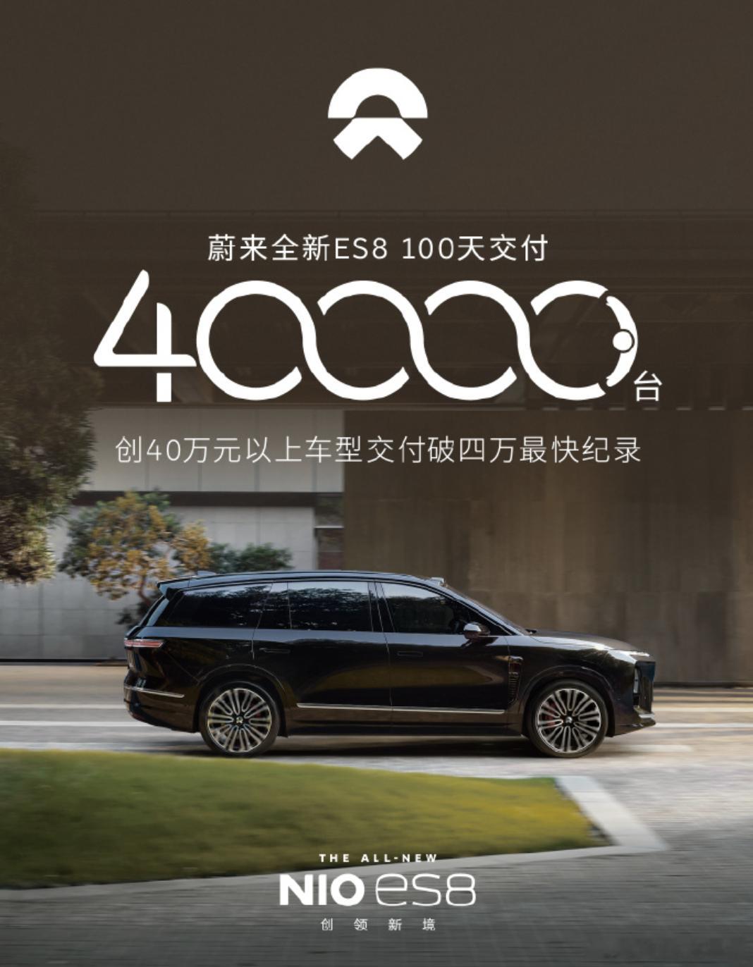 蔚来ES8上市100天交付破4万台 12月29日，蔚来ES8交付量突破40000