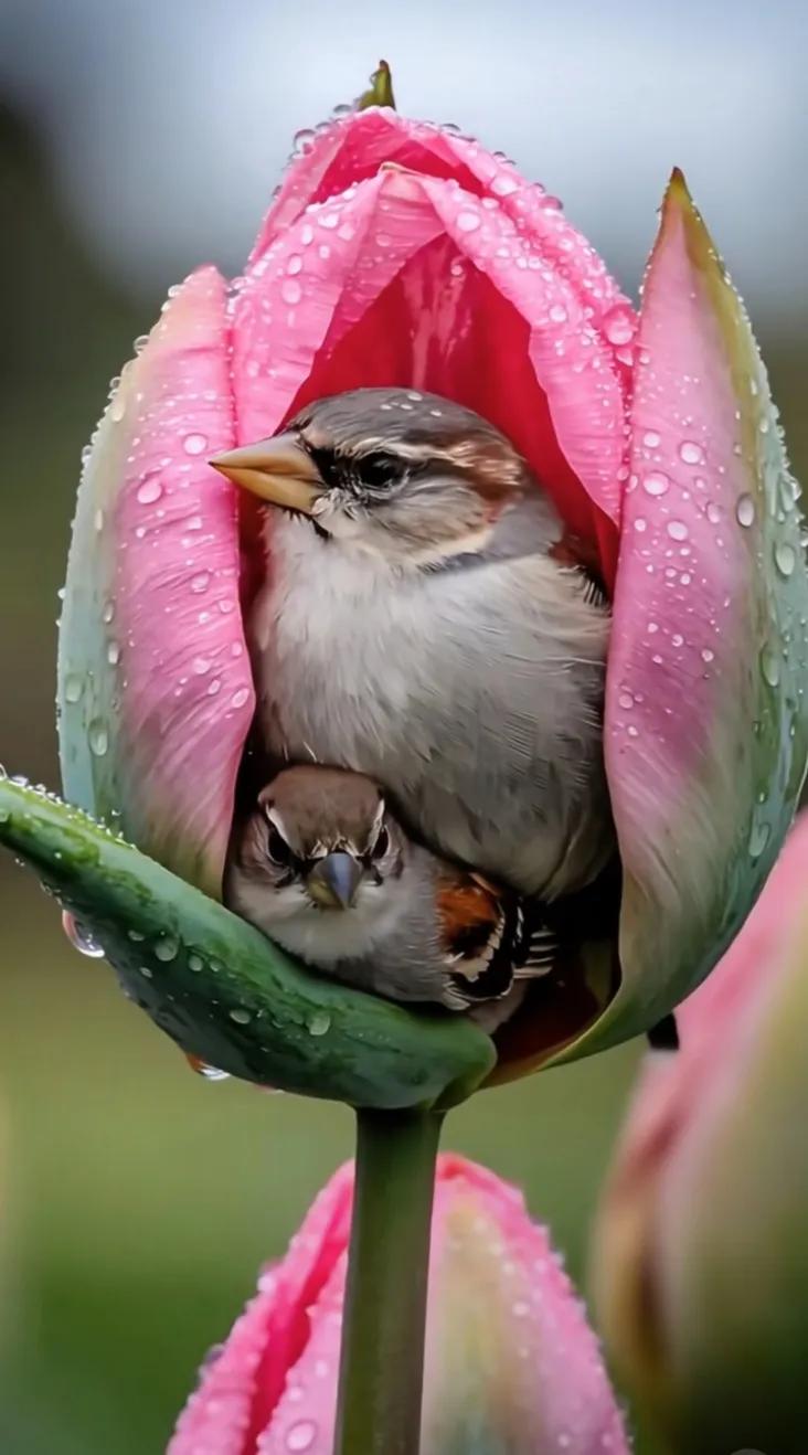 小鸟在粉嫩花朵中探出头，可爱至极！🌸🐦鸟儿花上觅食 最美小鸟惹人爱