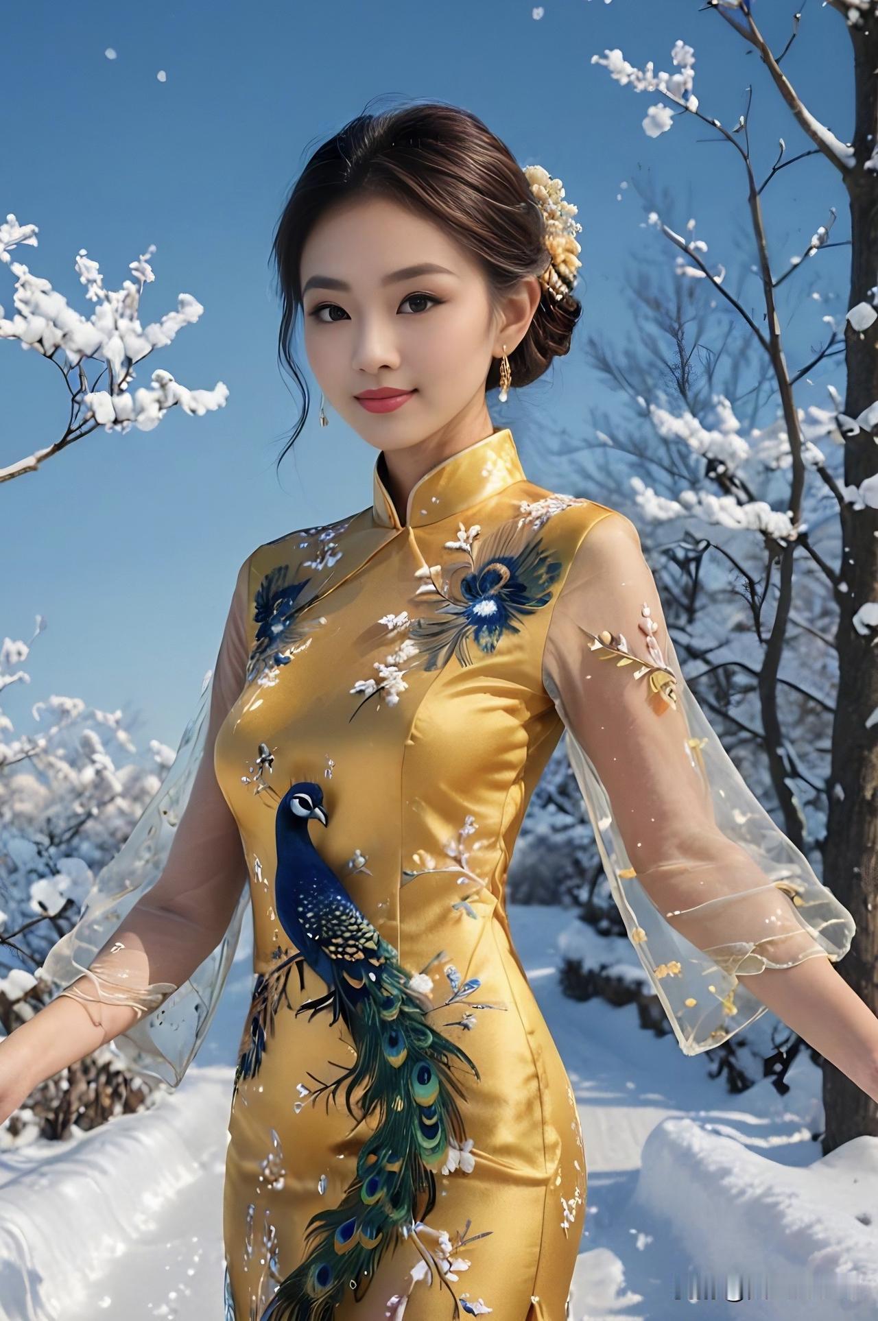 记录我的2026冬日雪景中的东方美人，金衣孔雀刺绣旗袍，惊艳绝伦！旗袍