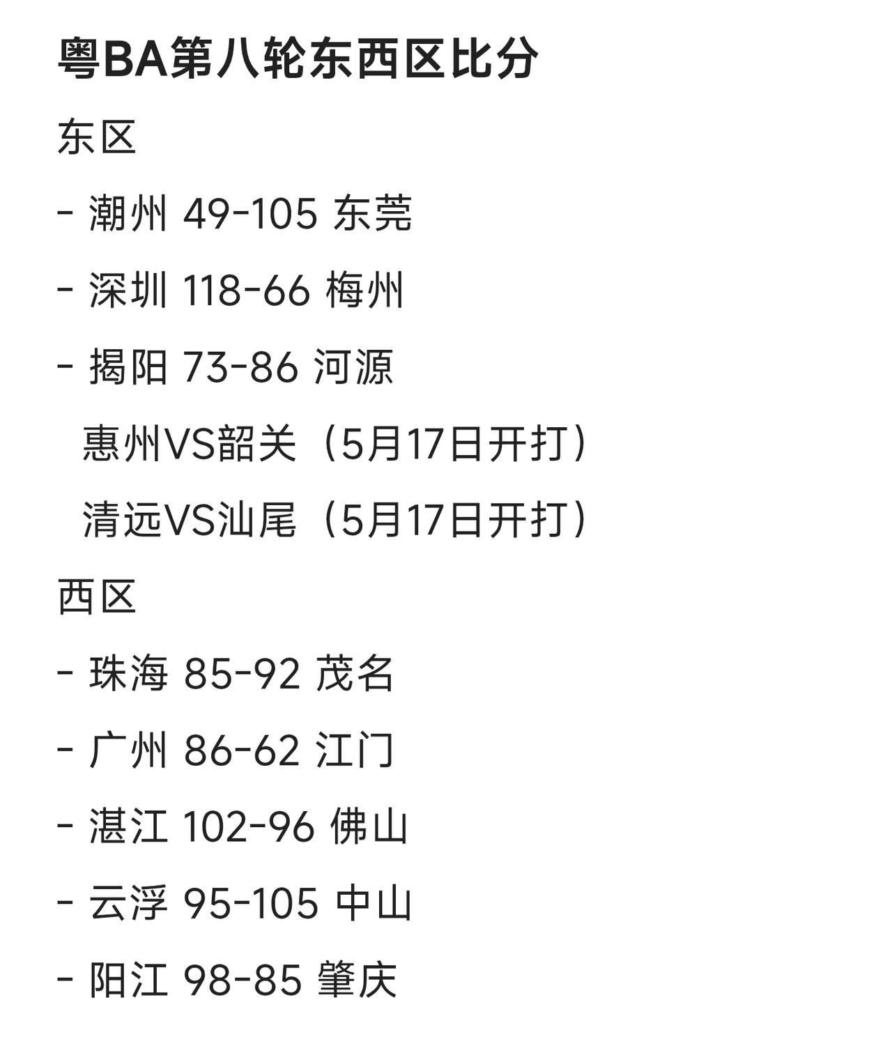 粤BA第八轮东西区比分更新了
东区
- 潮州 49-105 东莞
- 深圳 11