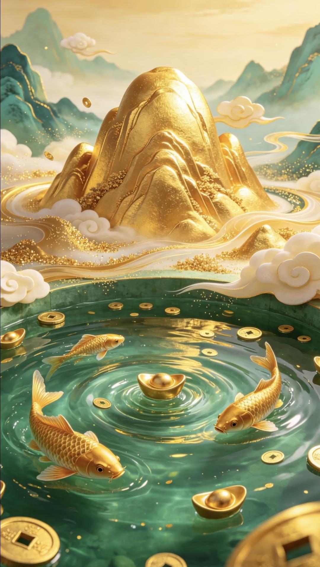 碧水环抱金山，清泉汇作宝潭。金鳞跃动翠影间，锦浪携福轻叩门扉，富贵悄然临。传统文