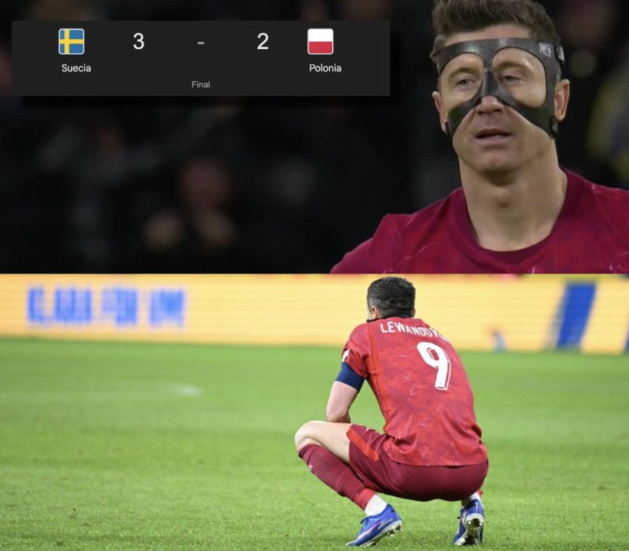 一张让人心痛的画面。 💔波兰队在附加赛中输给瑞典队后，罗伯特·莱万多夫斯基难以