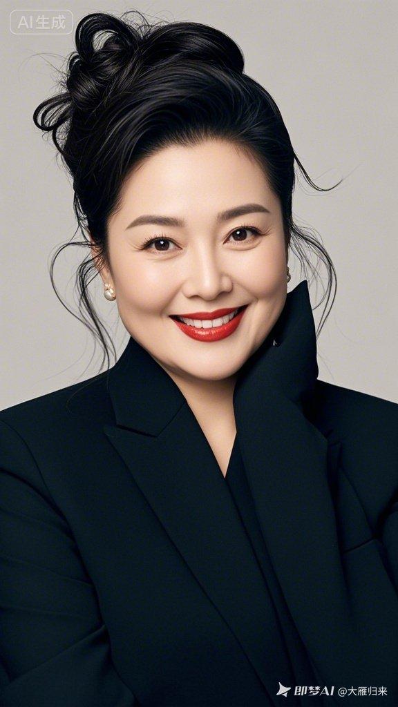 这位女士笑容灿烂，气质优雅。