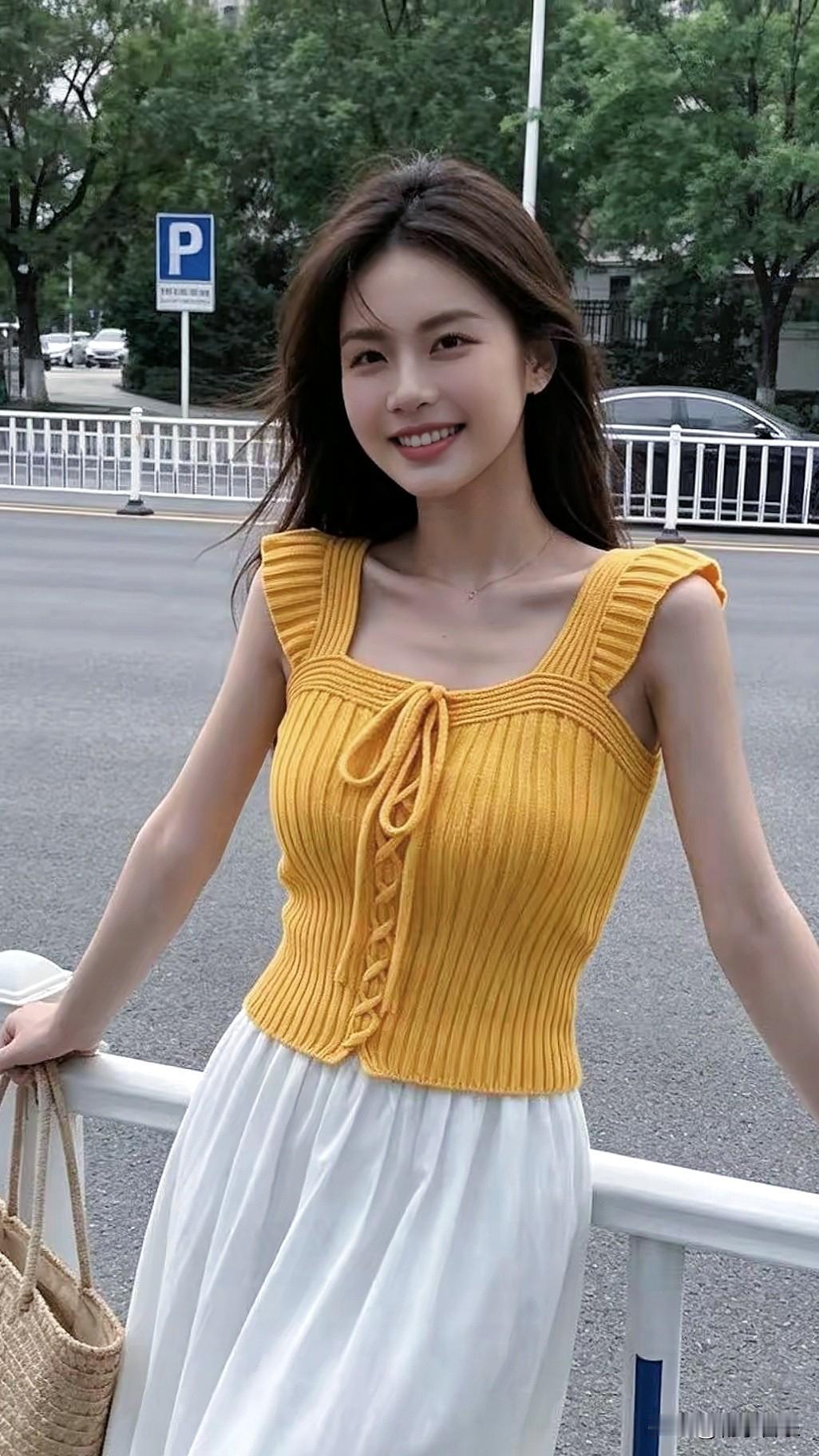 松弛感拉满✨ 姜黄背心配白裙，一键解锁夏日清爽。随手拍好图分享唯美的美照 分享随