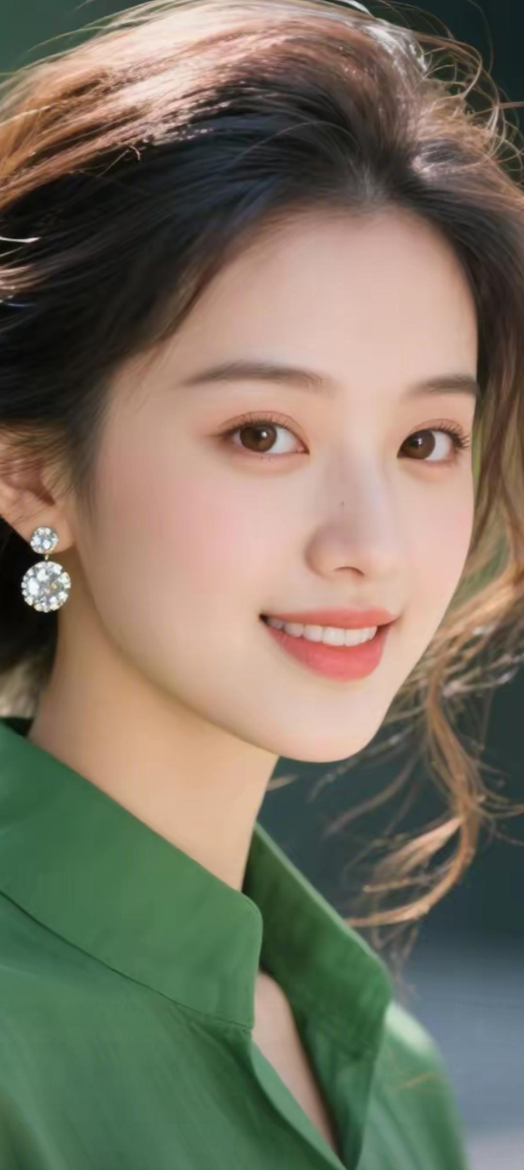 温柔微笑，绿色衬衫与闪亮耳环的完美搭配，清新自然！🌿💎