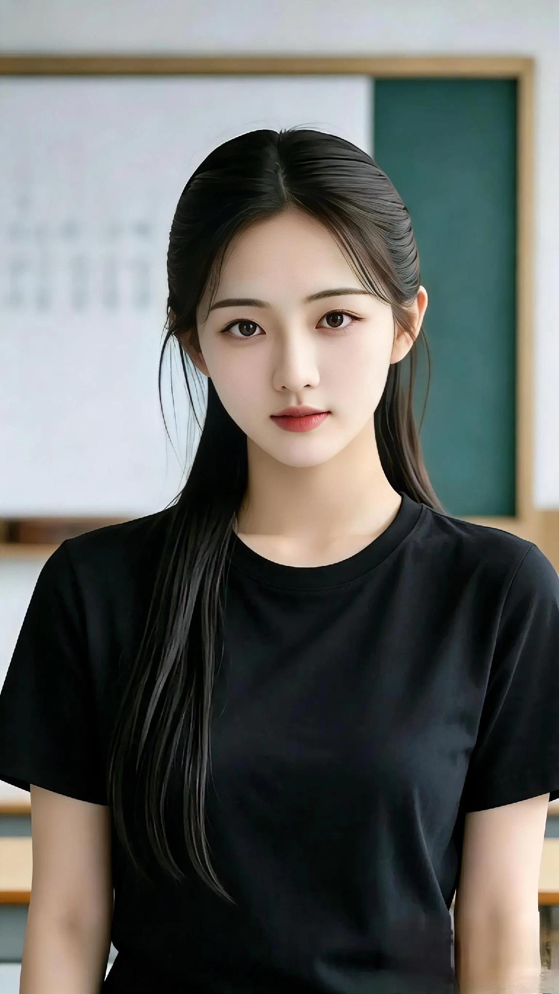 黑发少女，简约黑T恤，清新自然，校园风十足！