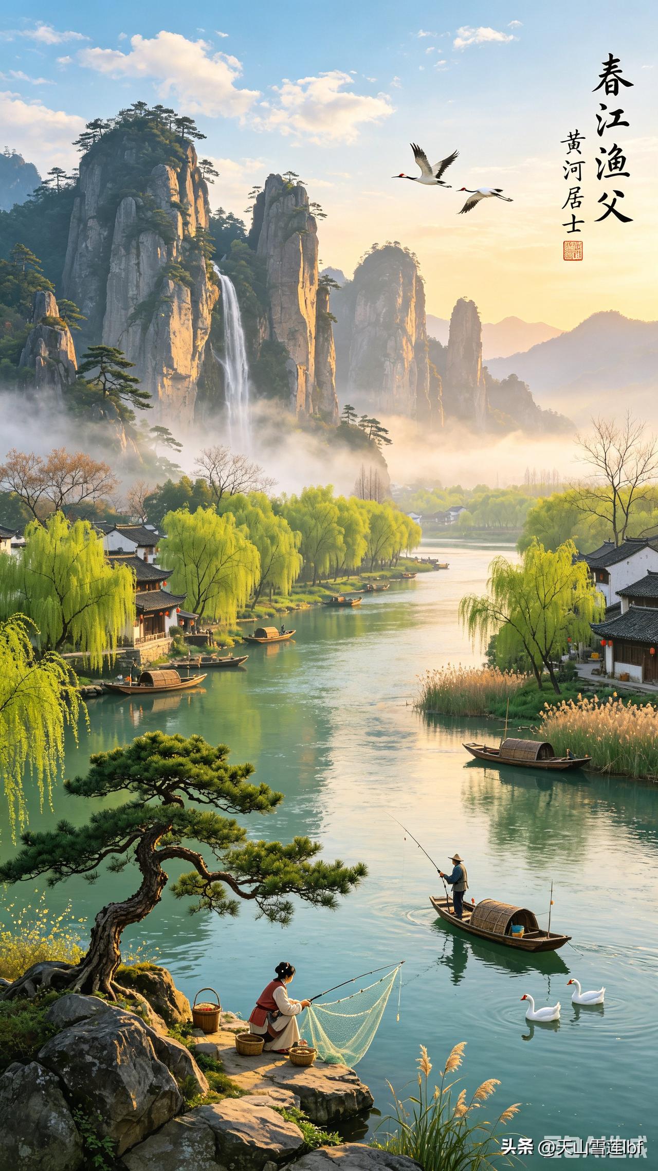 春江渔父图，山水之间，悠然自得。