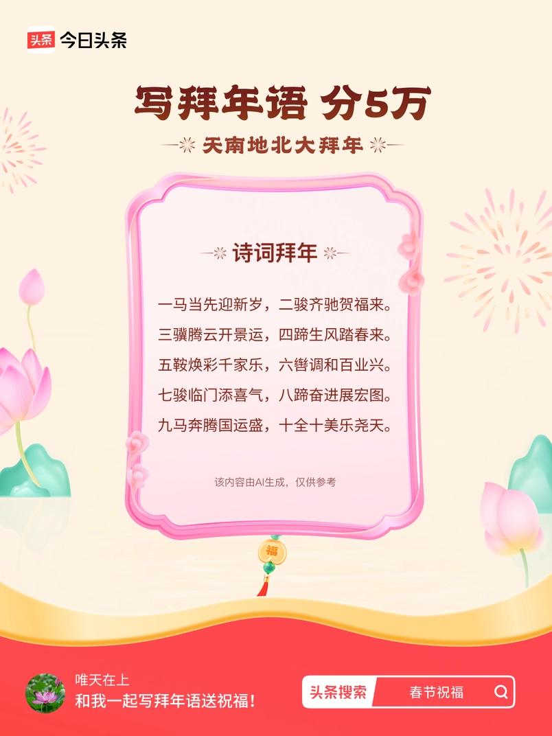 写拜年语送祝福新春拜年送祝福！我的祝福是：“一马当先迎新岁，二骏齐驰贺福来。三骥