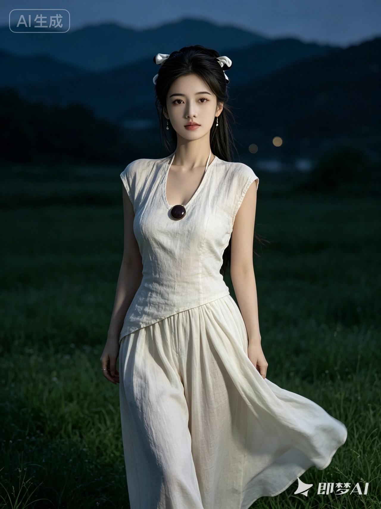 在黄昏的田野中，她宛如一幅古典画卷中的美人。