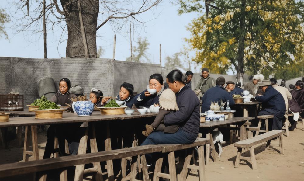 1910年，北京街头的露天排档场，数张粗制长木桌与条凳依次排开，构成了最接地气的