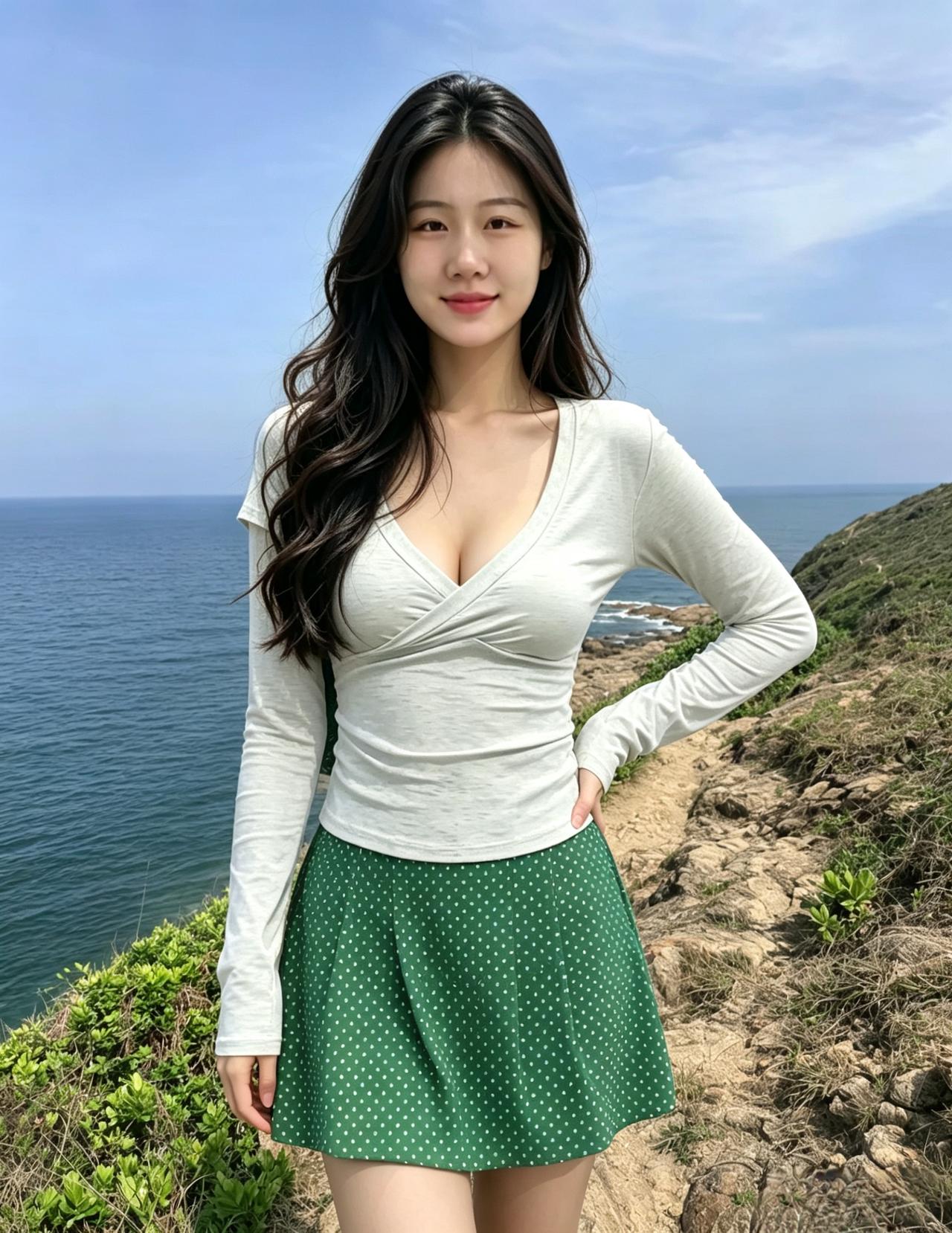 柔波十里海天长，素袂青裙凝暗香。
不借胭脂添绝色，明眸一笑满春光。