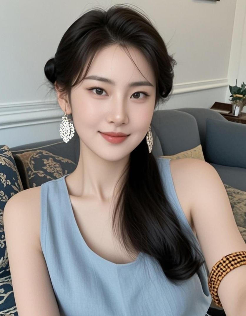 优雅气质，蓝裙飘逸，微笑动人