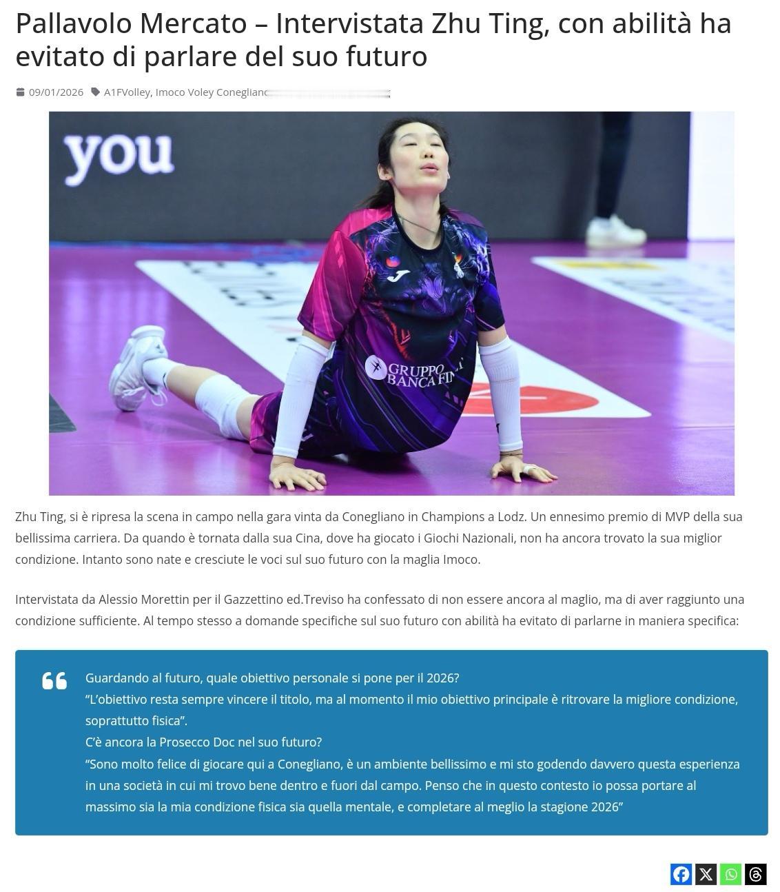 接受采访谈转会，朱婷巧妙回避

意媒《排球杂志》球员转会栏目对朱婷的近期动态作了