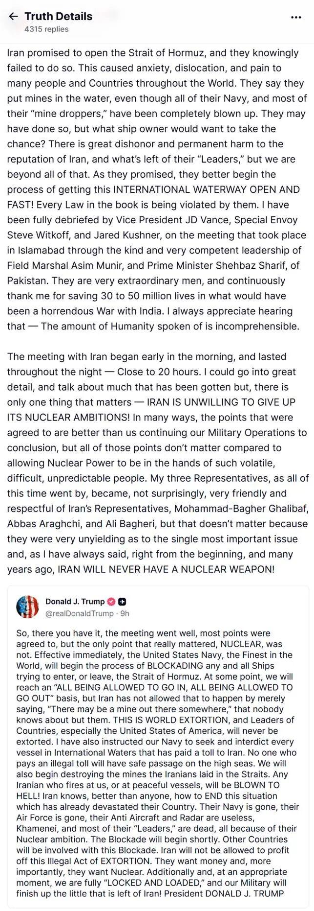 美国和伊朗在伊斯兰堡的谈判破裂后，特朗普周日在Truth Social上宣布，美