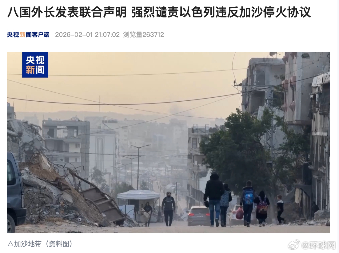#八国外长发表联合声明#【八国外长发表联合声明 强烈谴责以色列违反加沙停火协议】