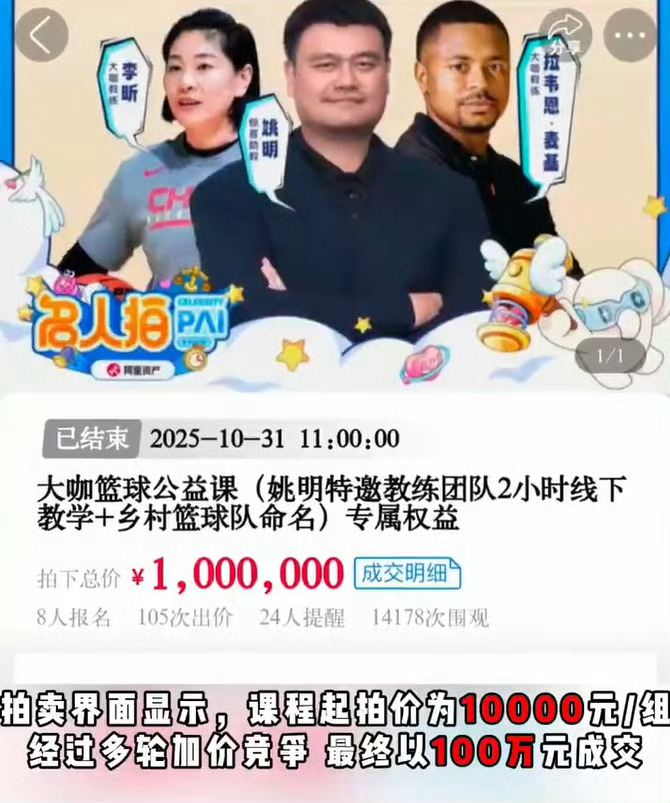 大咖篮球课被100万元拍下捐赠姚基金明星篮球课拍出100万助力乡村体育 这个我觉