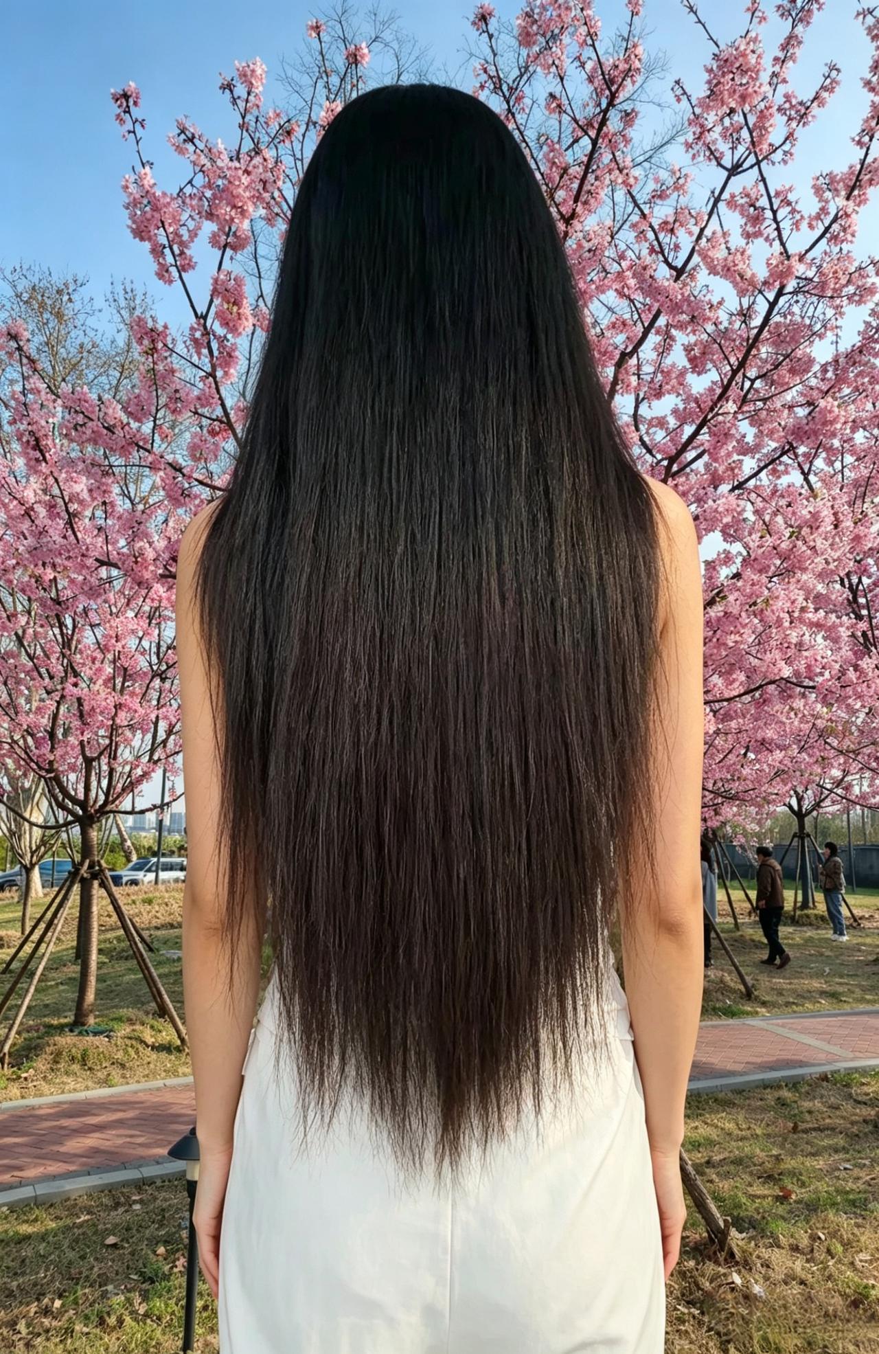 万点樱红衬素身，长发如瀑覆肩匀。
回眸未盼人先念，独对繁花意绝尘。