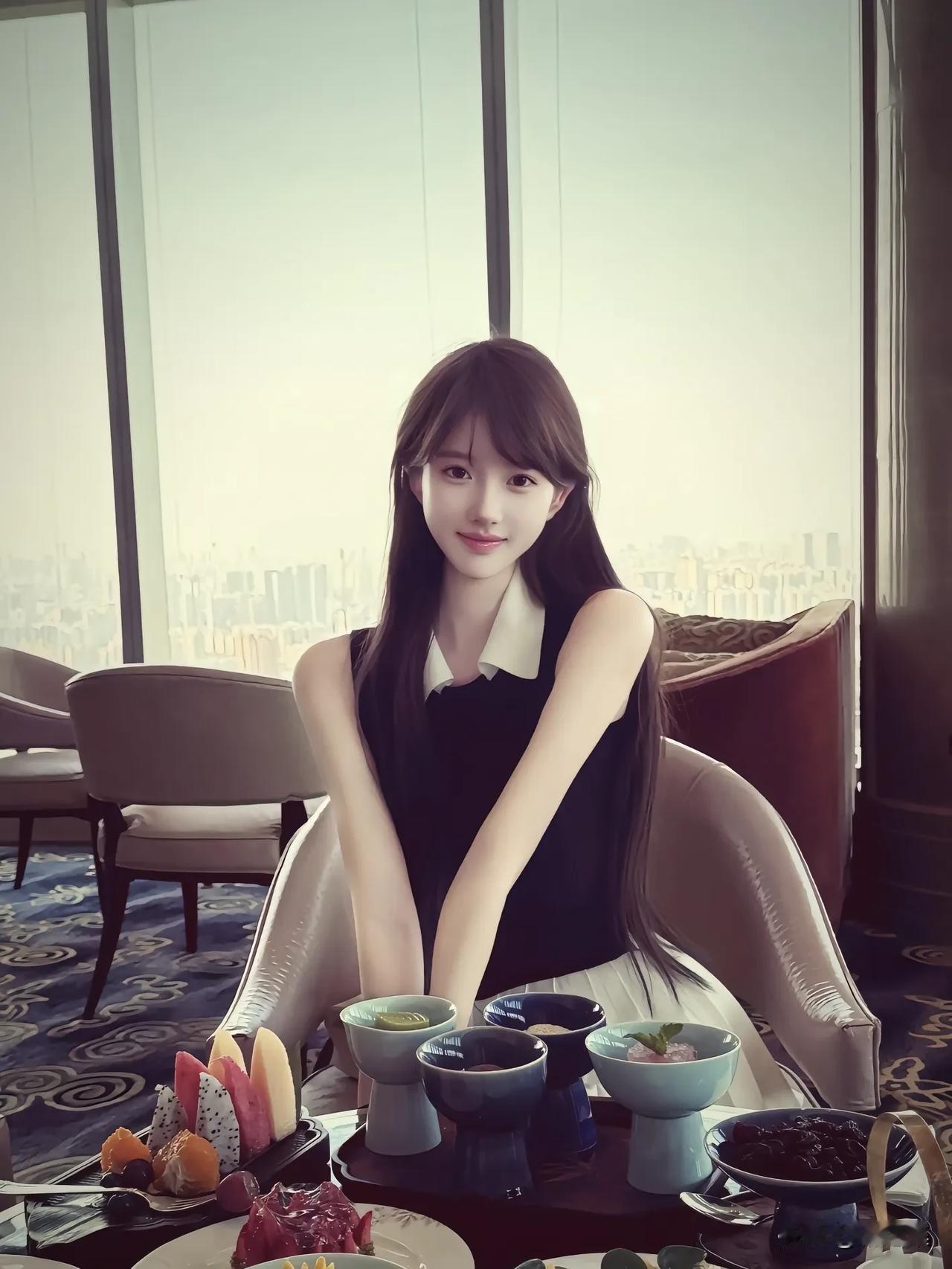 精致下午茶时光，甜美少女与美食相伴