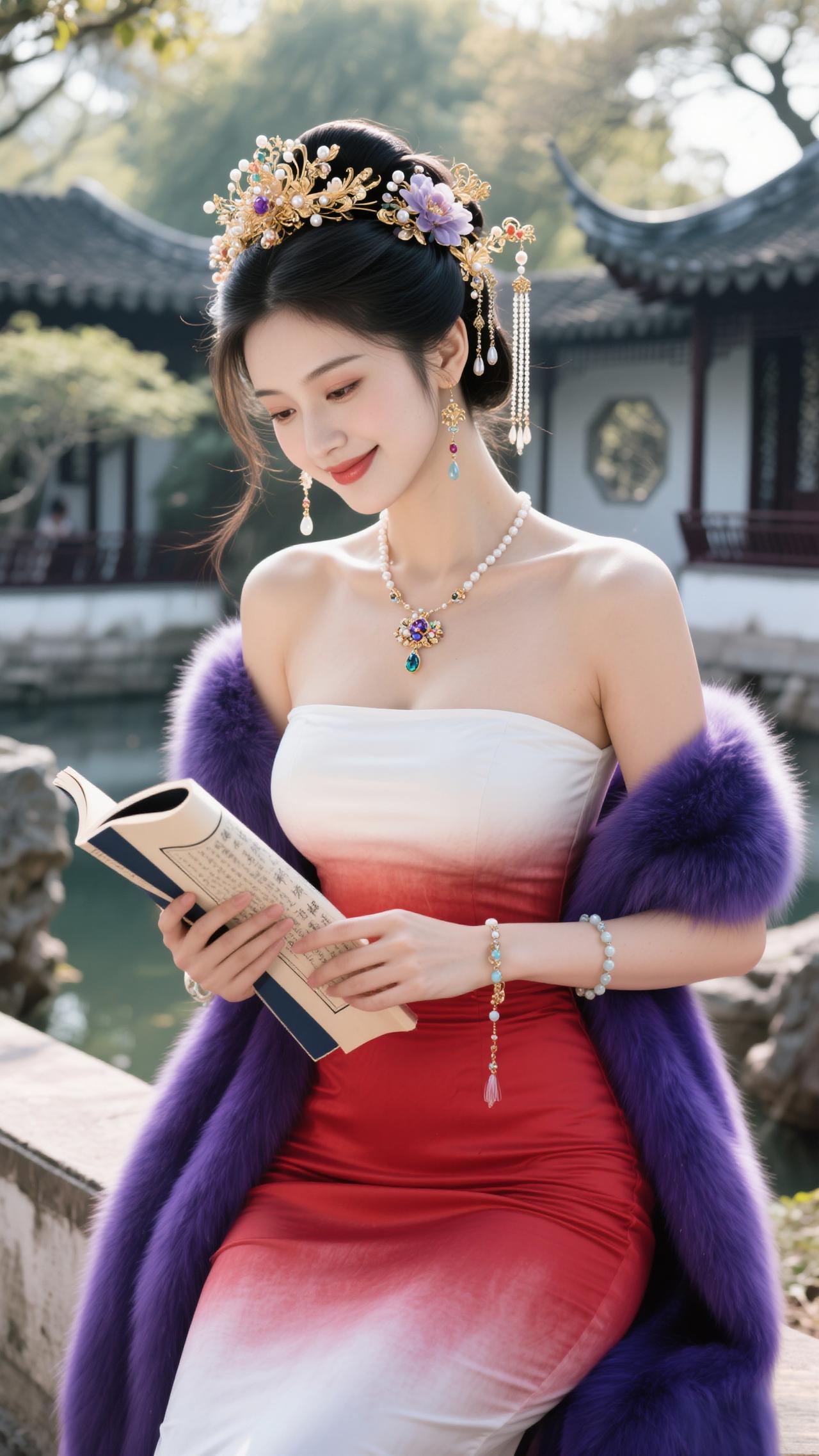 鹧鸪天·园亭阅卷
 
罗袂生香倚水亭，红绡轻覆玉光盈。金簪暗缀玲珑韵，紫氅明承雅