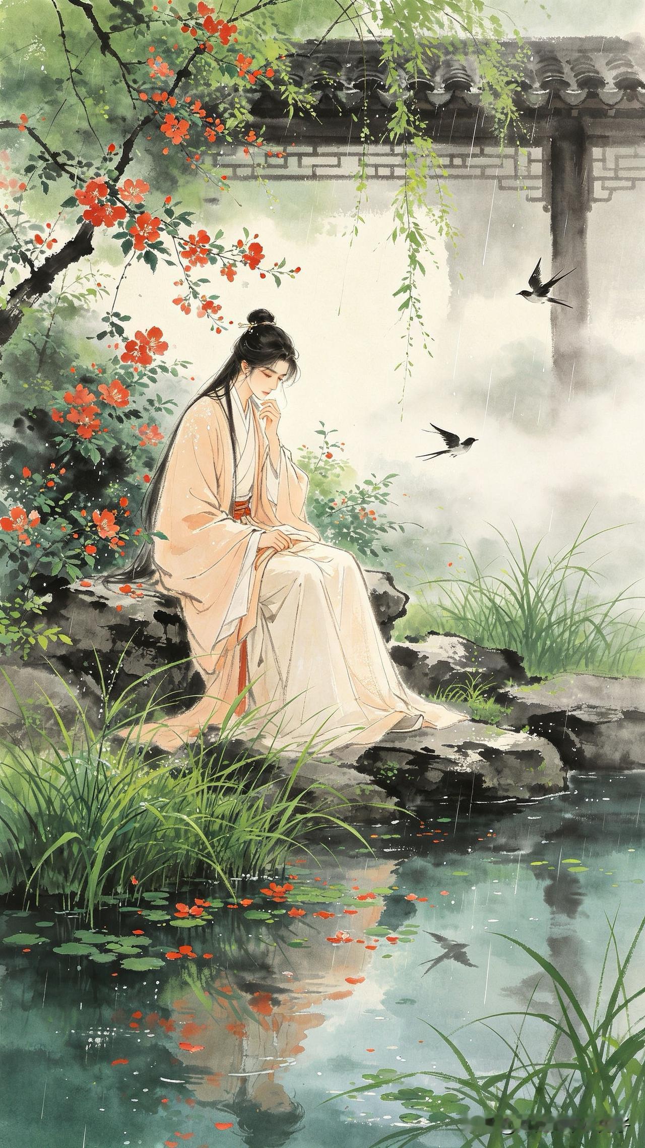 绿暗红稀雨乍晴，
子规啼断两三声。
闲愁恰似池边草，
       
…………请