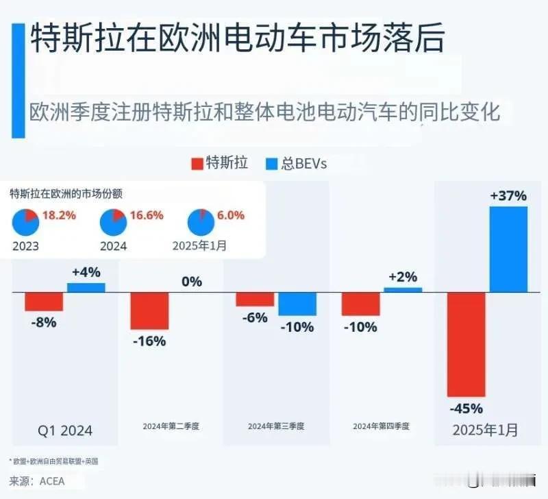 欧洲的报复来了，特斯拉在欧洲的销量崩了！今年一月份销量下滑幅度高达45%，在欧洲