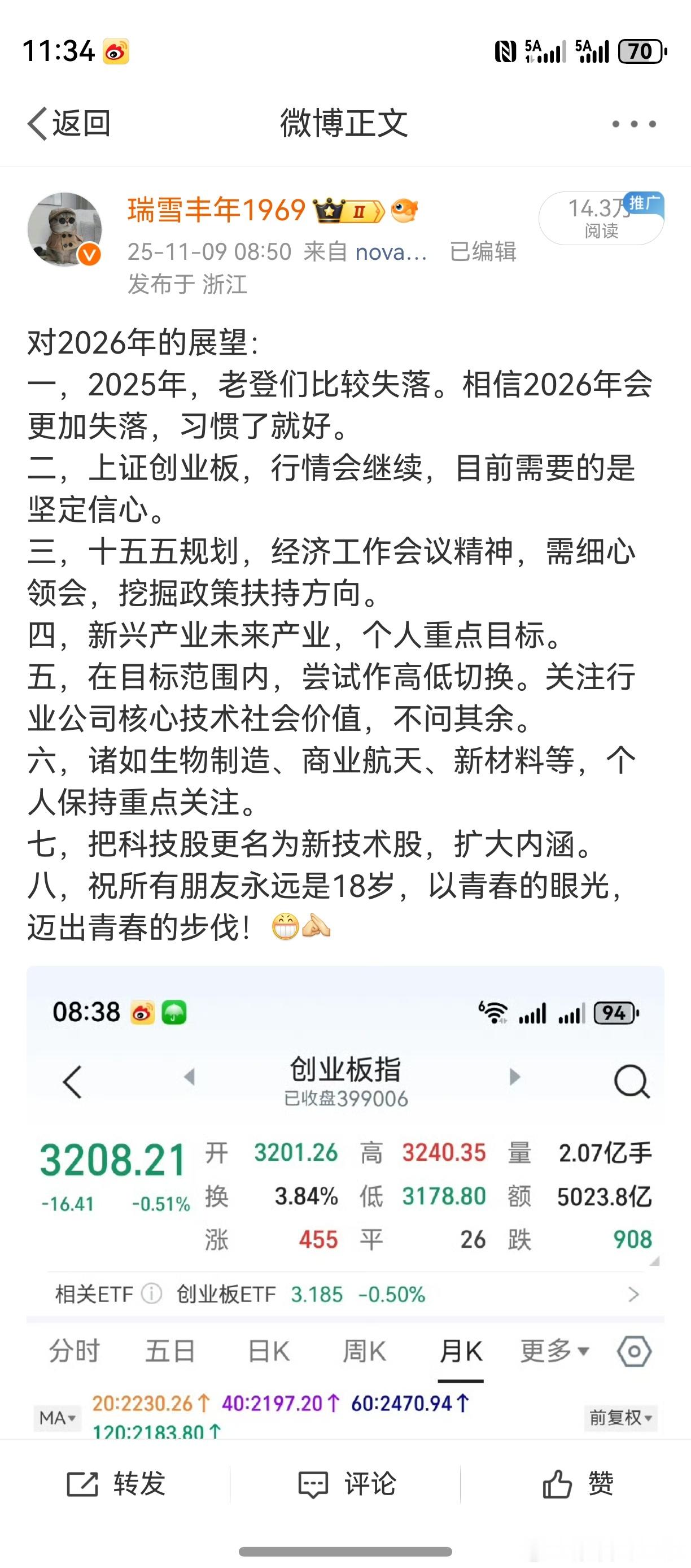 去年置顶微博写入“新材料”，体现了个人的投资眼光。军工新材料机器人新材料半导体新