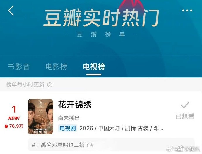 花开锦绣豆瓣热度登顶花开锦绣豆瓣热度 花开锦绣豆瓣热度登顶，这都还没播呢 