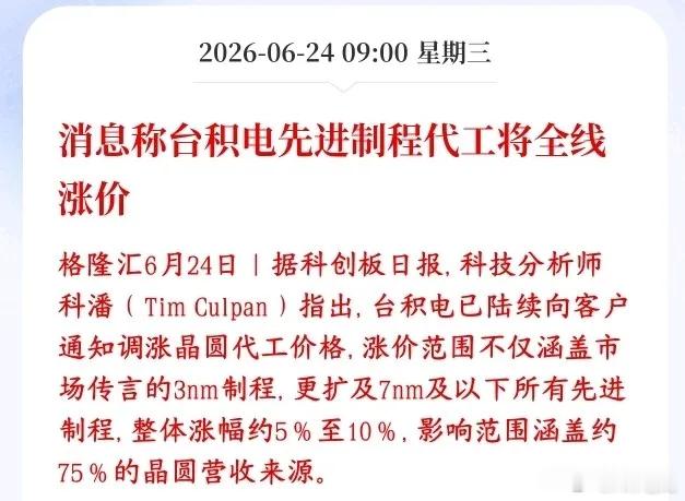 今天芯片半导体要反弹了，台积电宣布全面涨价6月24号消息，分析师爆料台积电通知所