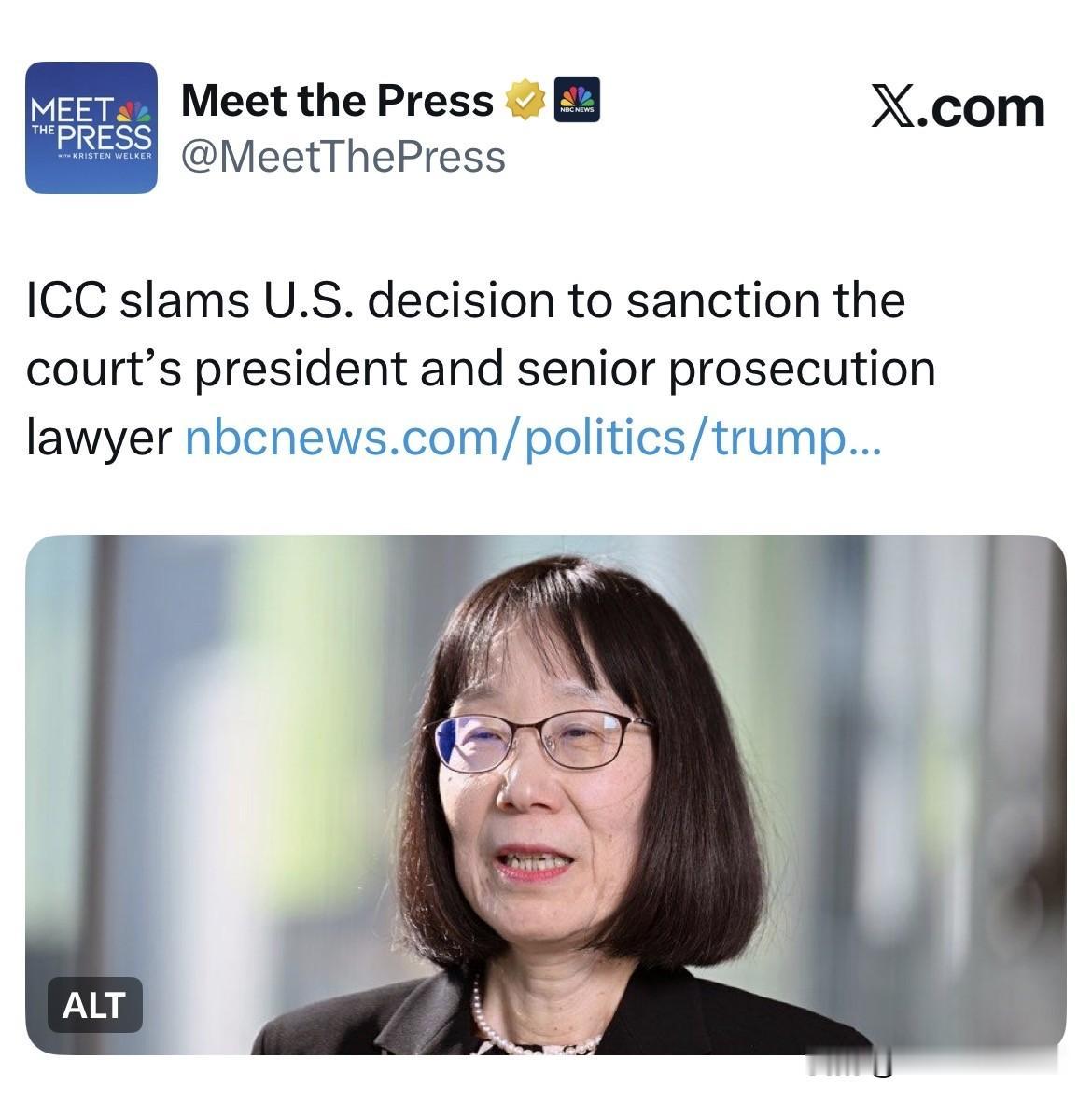 NBC新闻报道，国际刑事法院ICC严辞抨击美国制裁国际刑事法院院长和高级检察官的