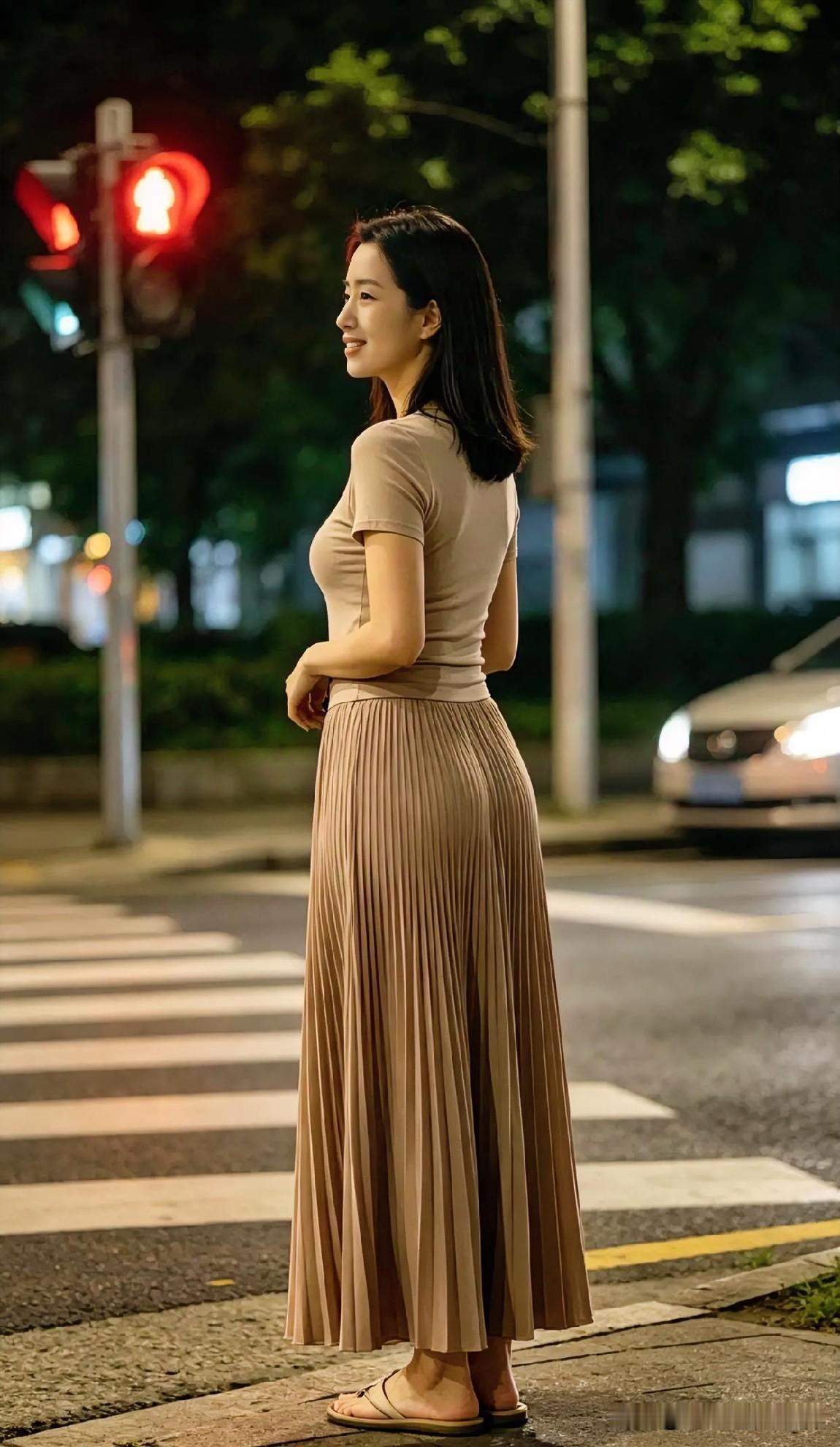 夜幕下的都市街头，驼色百褶裙勾勒曼妙身姿。微风轻拂，笑意温婉，于喧嚣中静守一份从