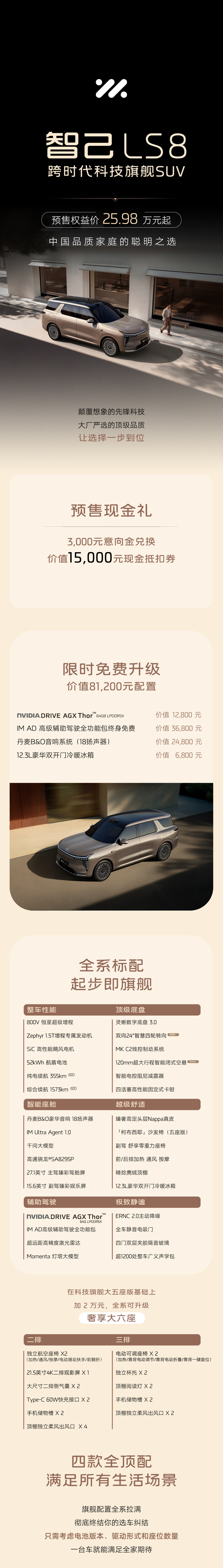 智己LS8前些天已经开启预售了，跟大伙简单聊聊～驾控方面，搭载灵蜥数字底盘3.0