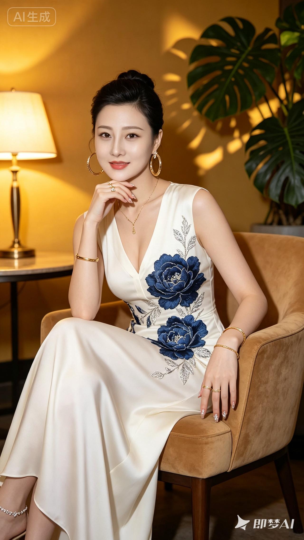 这位女士穿着漂亮的花裙，坐在椅子上。