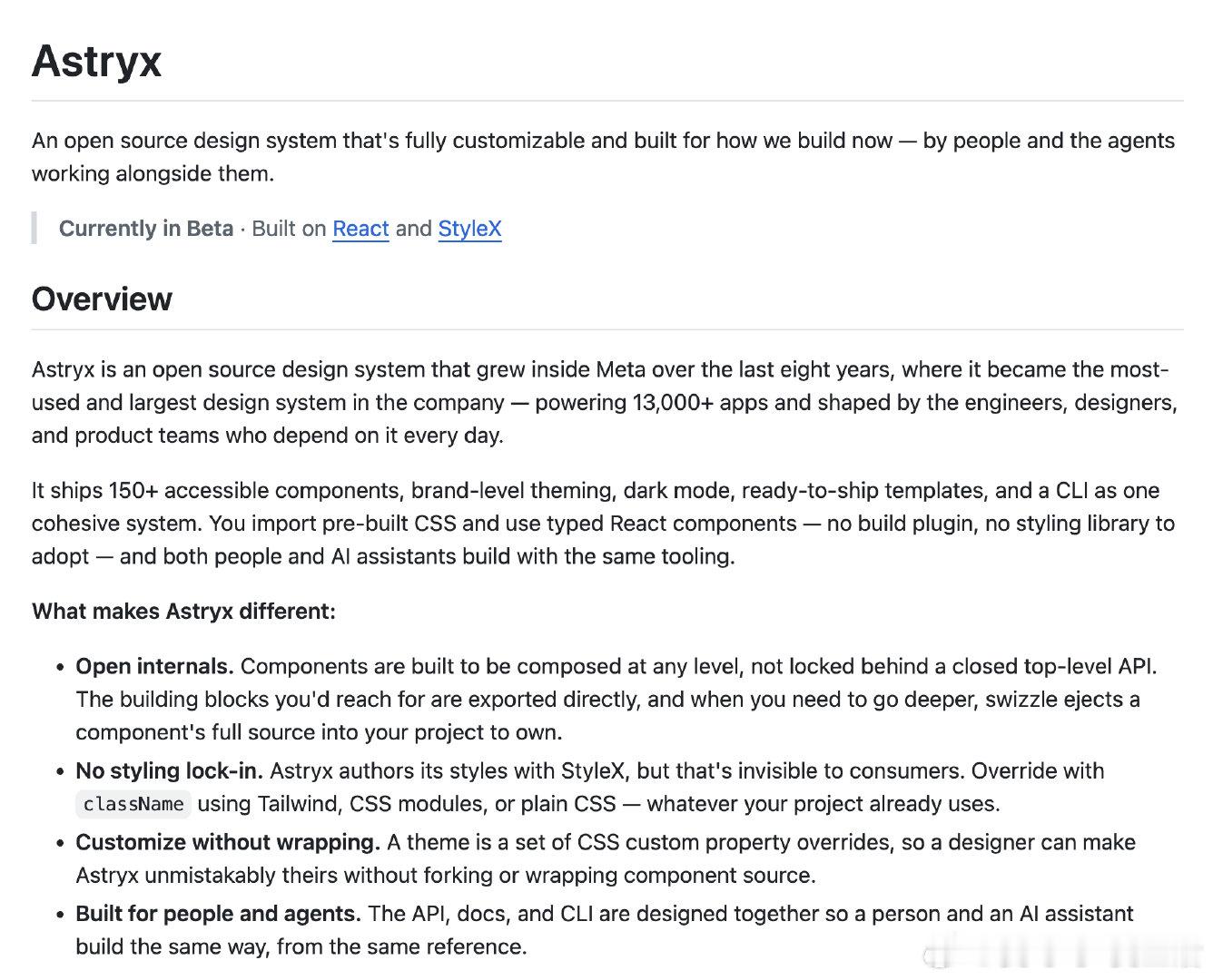 Astryx 是一套完全开源、面向人与 AI 共同协作的设计系统。它把 Meta