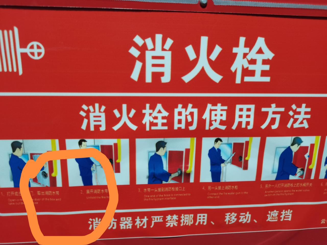 等电梯的时候我瞄到了过道的消防栓，于是上前看看，想学会使用方法，但是这个说明上的