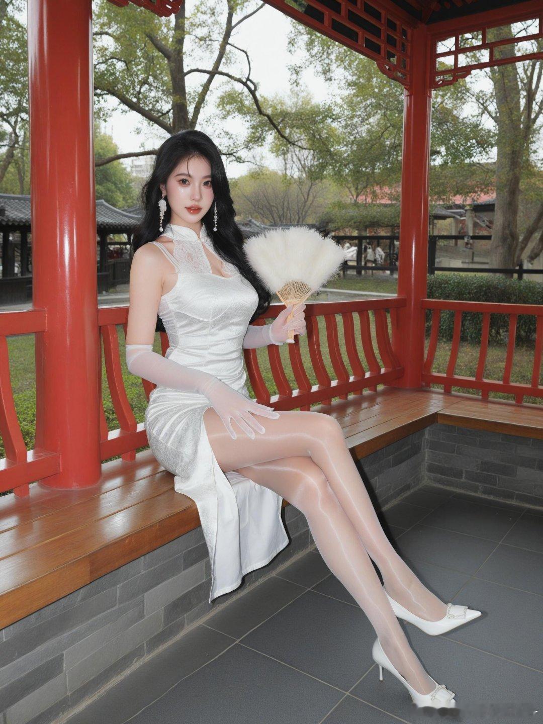 油亮手丝白旗袍，全对 ​​​