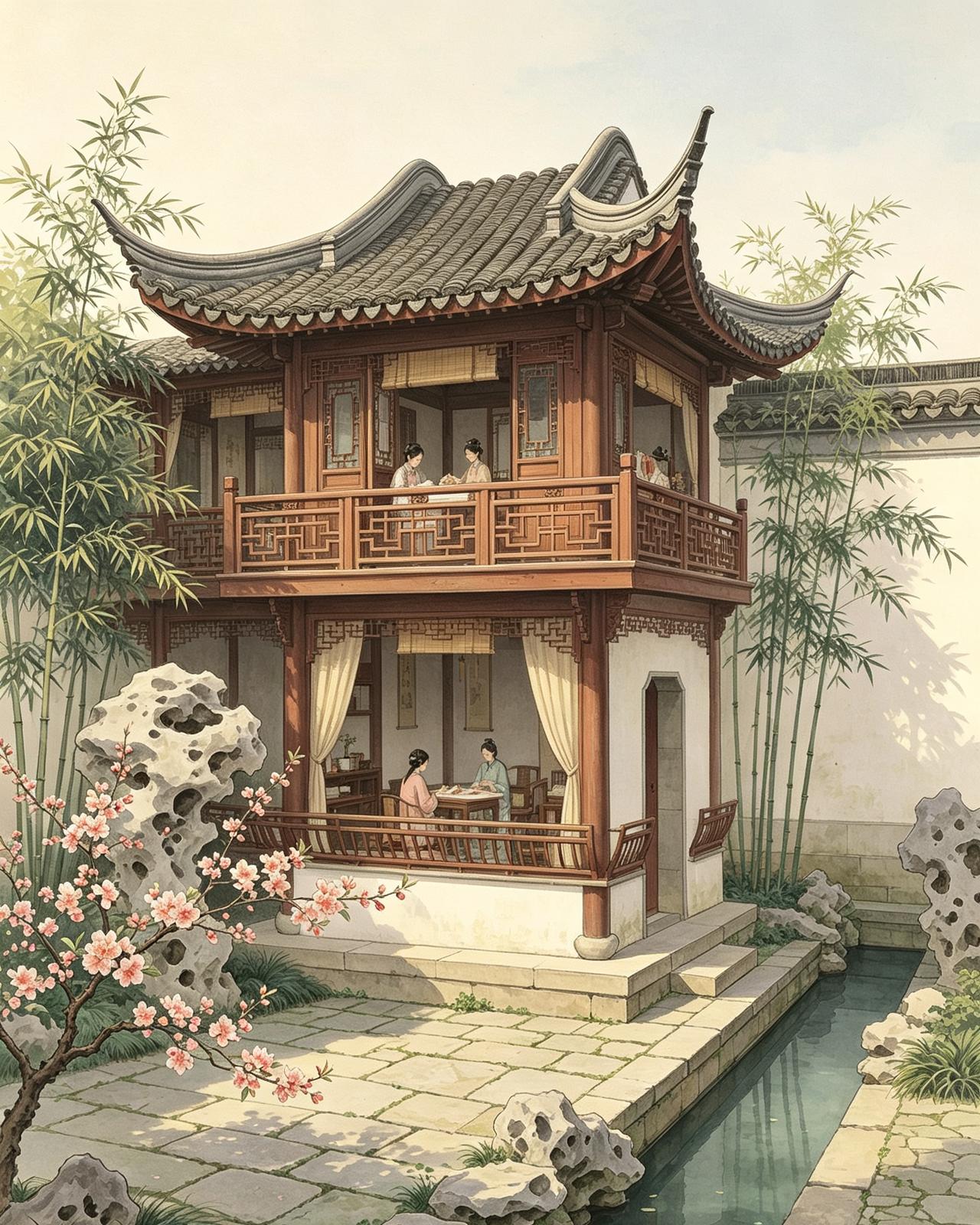 我让豆包做张图片，看看古代小姐的后花园绣楼是什么样子的。
豆包开始做的像个炮楼，