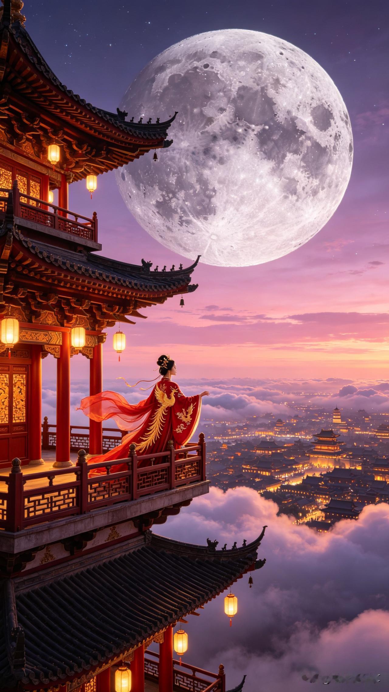 《水调歌头·月夜登楼》

危楼倚云汉，巨魄挂苍穹。
霞光流彩千里，紫气漫长空。