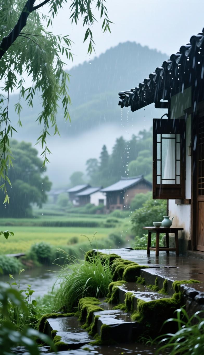 七律•细雨
 
漫洒轻丝笼野村，随风润物静无痕。
沾苔暗润阶前草，拂柳柔凝陌上魂