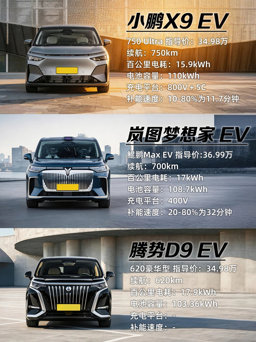 小鹏X9、岚图梦想家、腾势D9三车硬核对比！