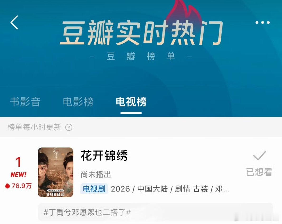 花开锦绣未播登顶花开锦绣登顶豆瓣实时榜，丁禹兮邓恩熙二搭的号召力名不虚传花开锦绣