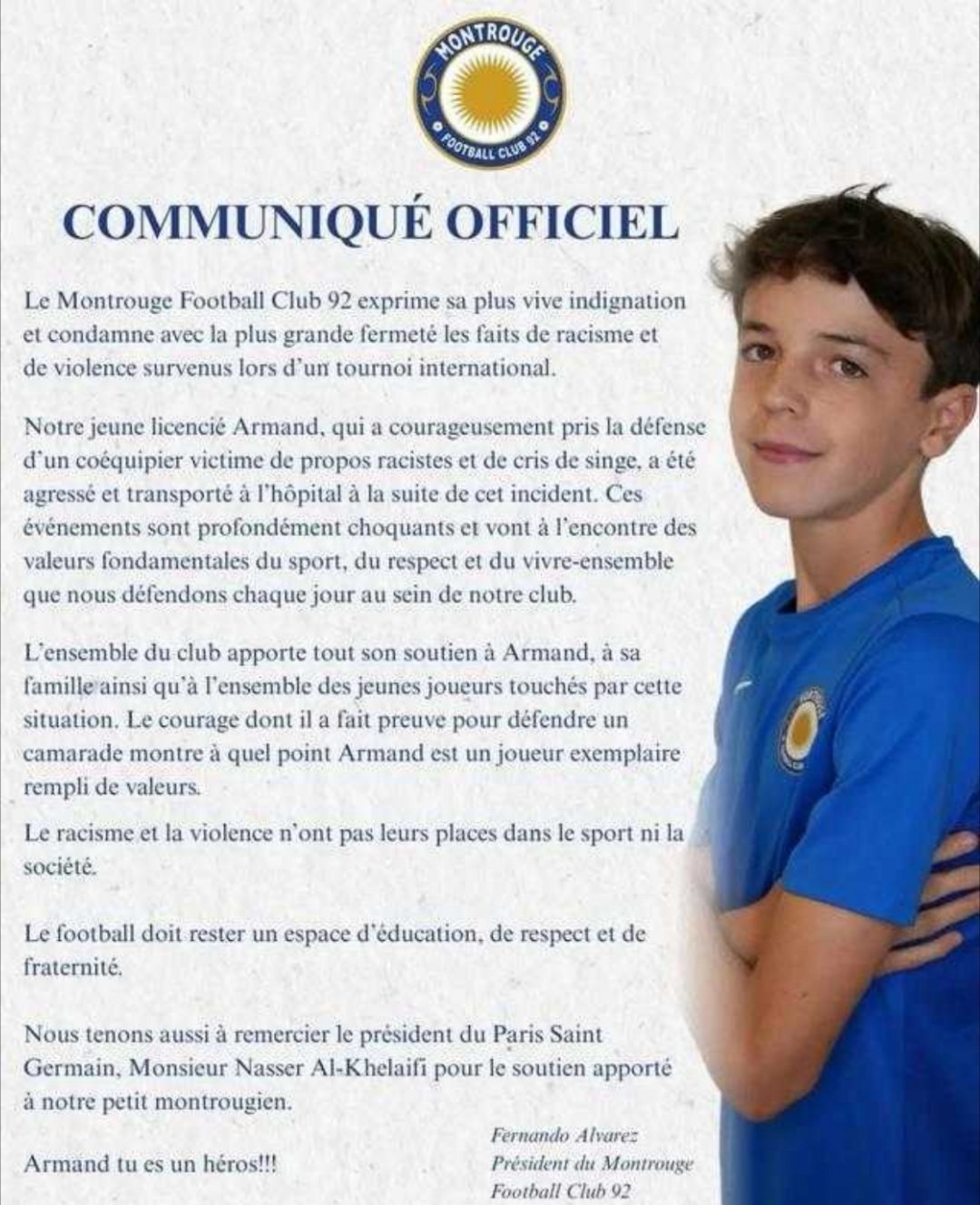 巴黎13岁梯队球员为受歧视的队友出头，被暴力袭击致鼻骨骨折近日，在U15国际锦标