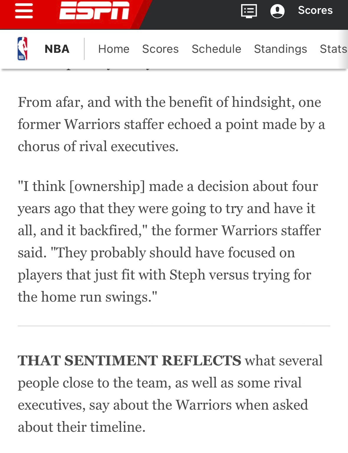 事后看来，一位前勇士队职员的回应印证了多位竞争对手高管共同提出的一个观点。“我认