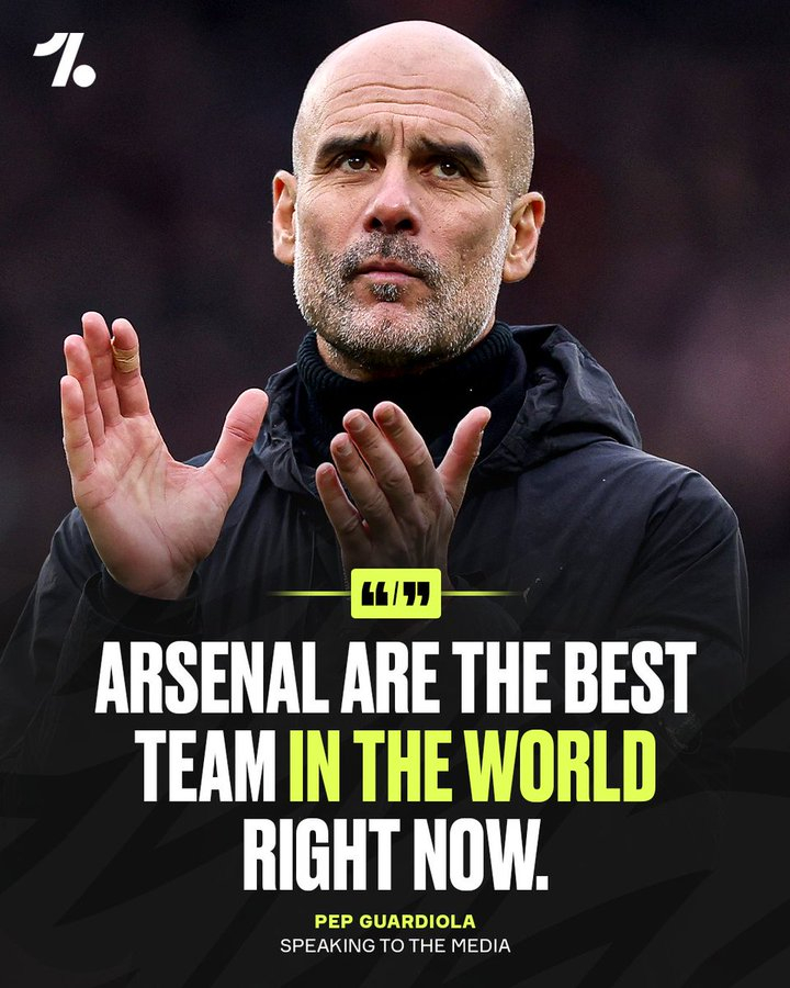瓜迪奥拉承认英超冠军已是阿森纳的囊中之物，并坚称枪手是世界足坛最强的球队。“我们