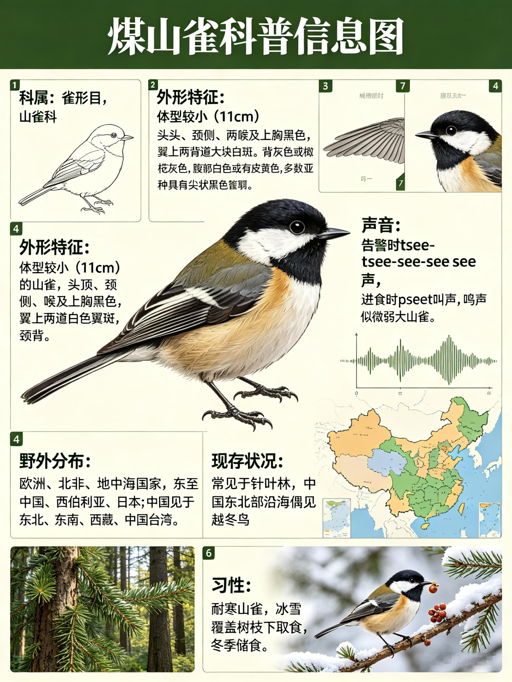 鸟类朋友图鉴 煤山雀·科属：雀形目，山雀科。·外形特征：体型较小（11cm）的山